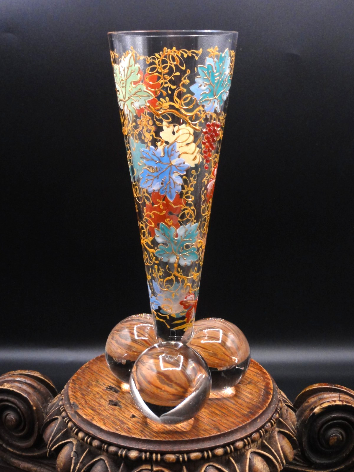 Antique Harrach Art Glass Vase w/ Moser Hand Painted Enamel + Bead Grape Leaves