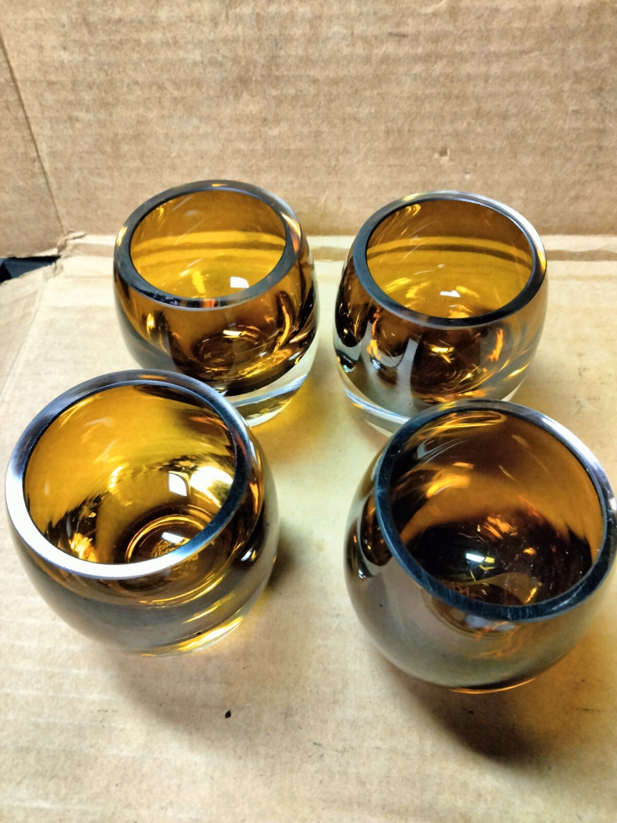 4 Mikasa Art Glass Amber Candle Votive Holder Mid Century Heavy Bottom 3″ Tall