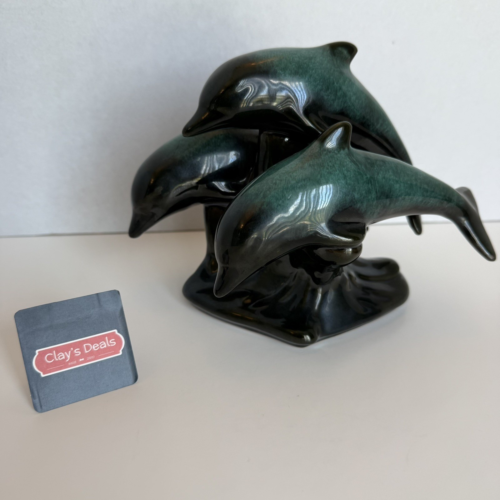 Blue Mountain Pottery 3 Dolphin Figurine Black Turquoise Glaze Rare MCM Canada