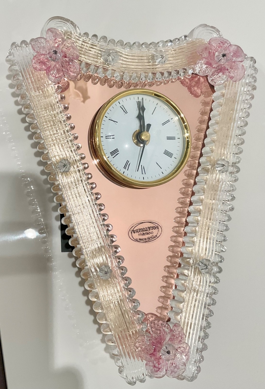 Flli Tosi Murano Glass Wall Clock Pink Millefiori Flowers Gold Bezel NOS Signed