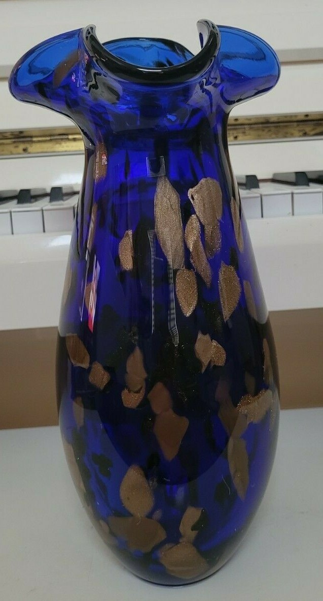 HANDBLOWN COBALT BLUE MURANO VASE WITH COPPER SPECS 12.5 INCHES TALL