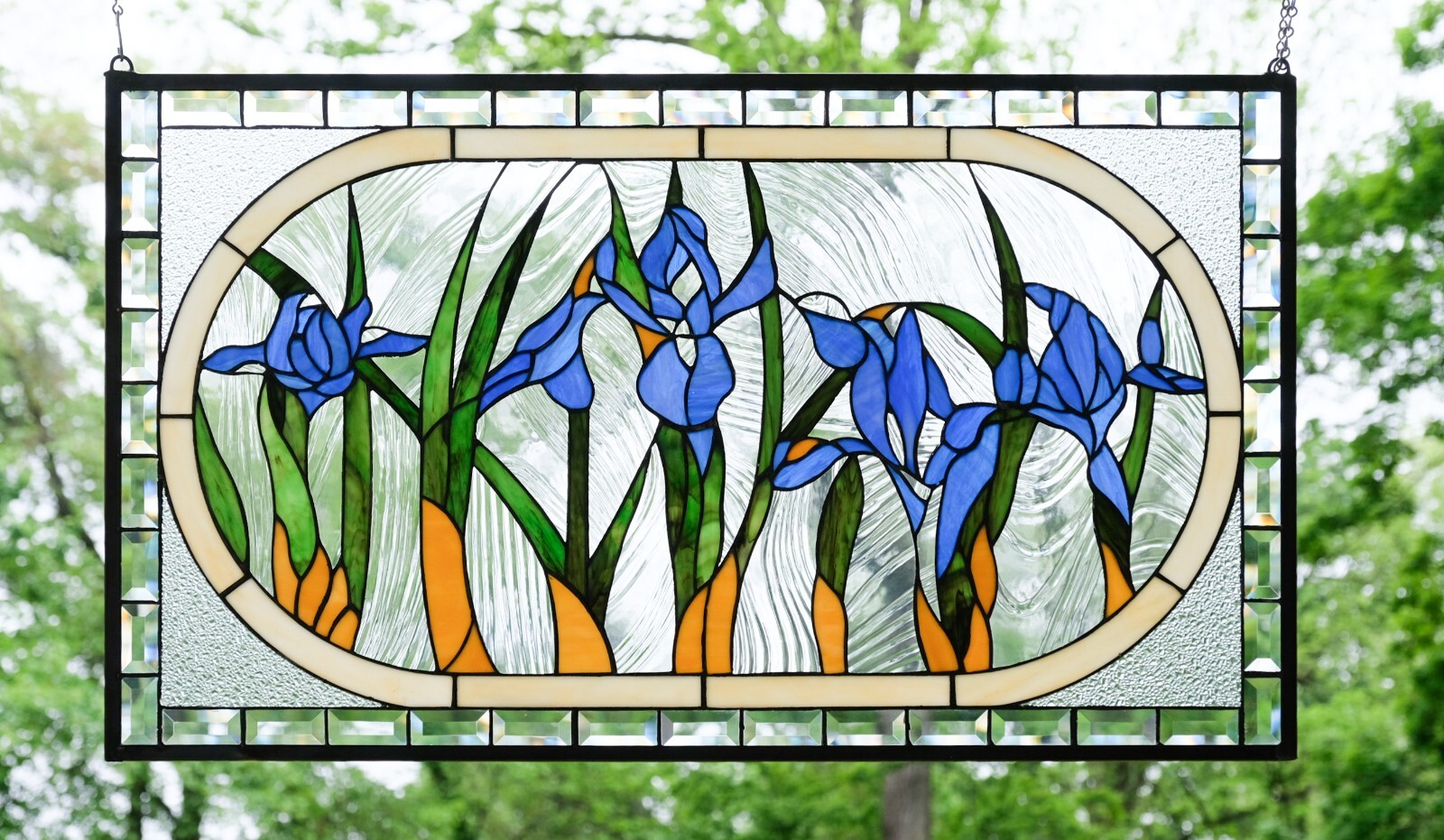 34.25″L x 20″H Handcrafted stained glass window panel Iris Flowers