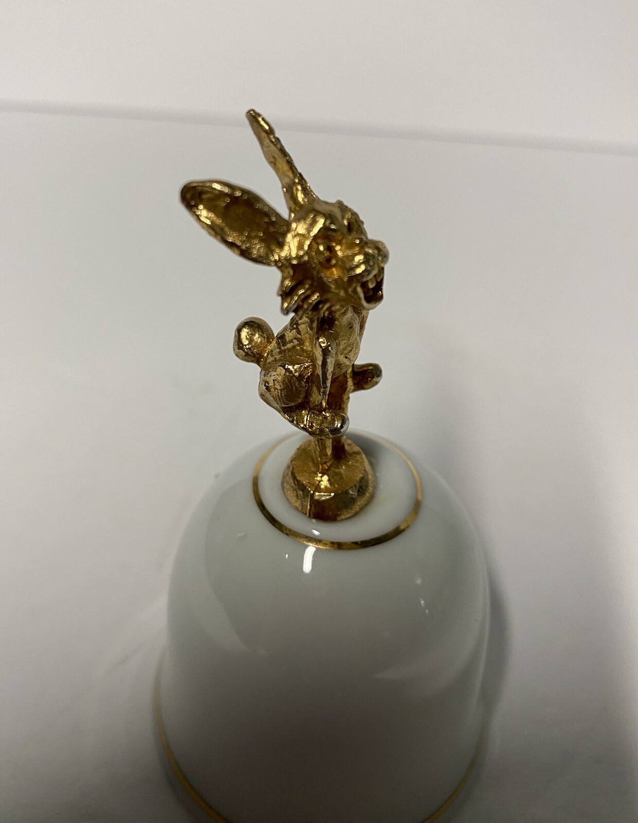 Vintage Bell White Ceramic Porcelain Gold Rabbit Metal Handle 4”