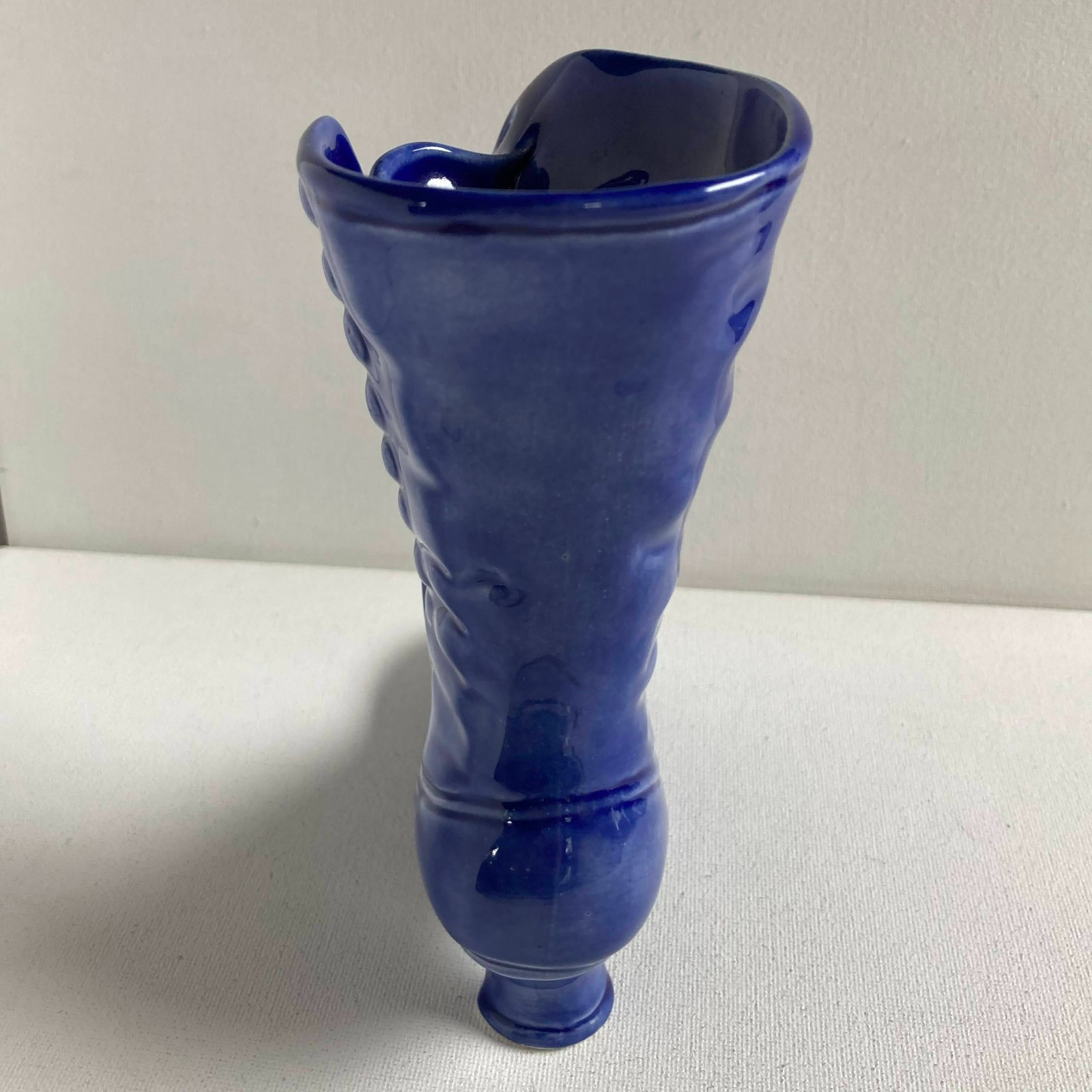 Pottery Vase in the shape of a button up Victorian shoe Blue signed 6.5″