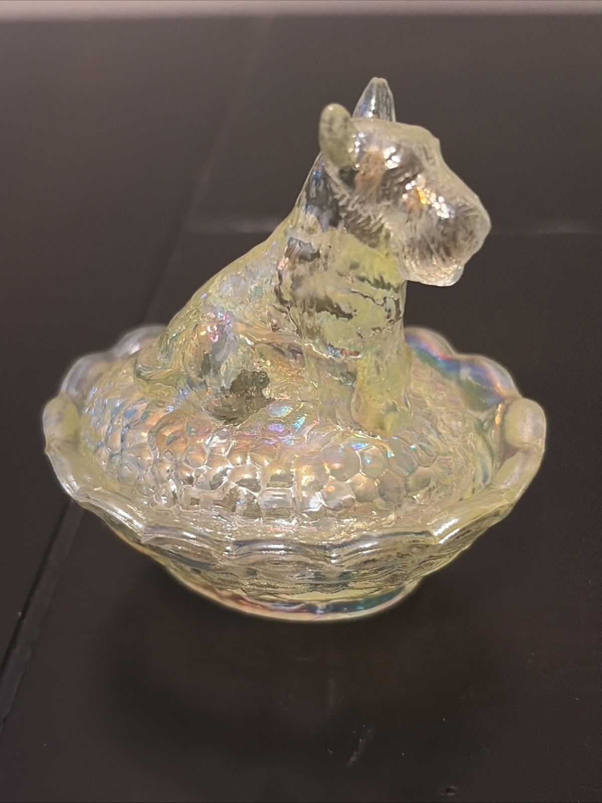 Boyd Scottie Dog on Nest Salt 2.5″ Vaseline Iridescent Uranium Glass UV Glow HTF