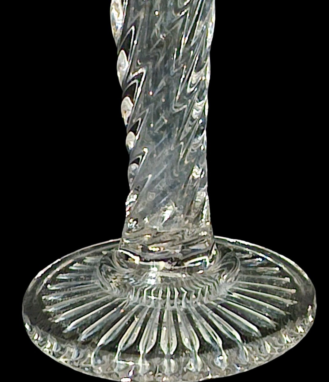 Antique EAPG Vase Clear W/Green Dots Gold Trim Spiral Fluted 8″T Pressed Glass