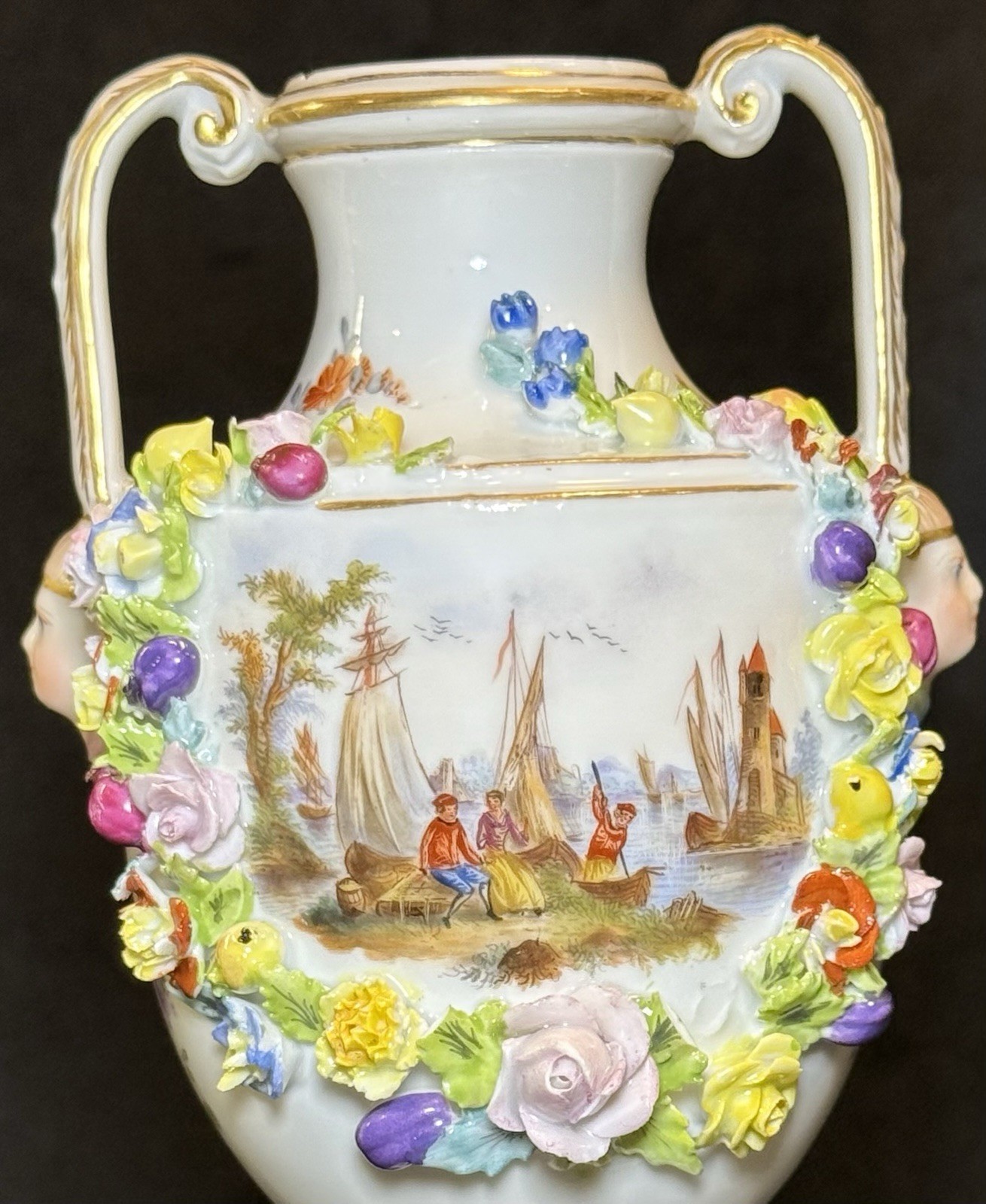 Antique Carl Thieme at Potschappel porcelain urn Hand Painted W/Applied Flowers