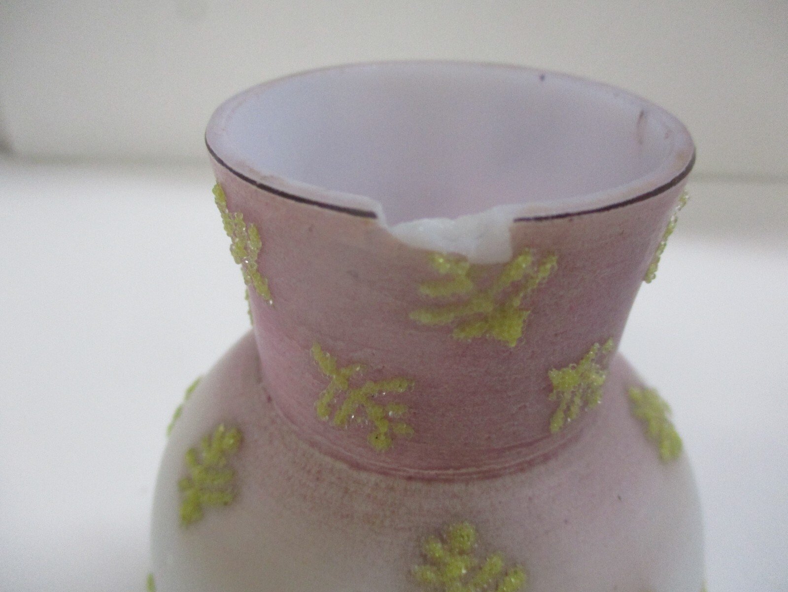 Antique 4″ Coralene Small Bulb Pink Vase Unknown Maker CHIPPED
