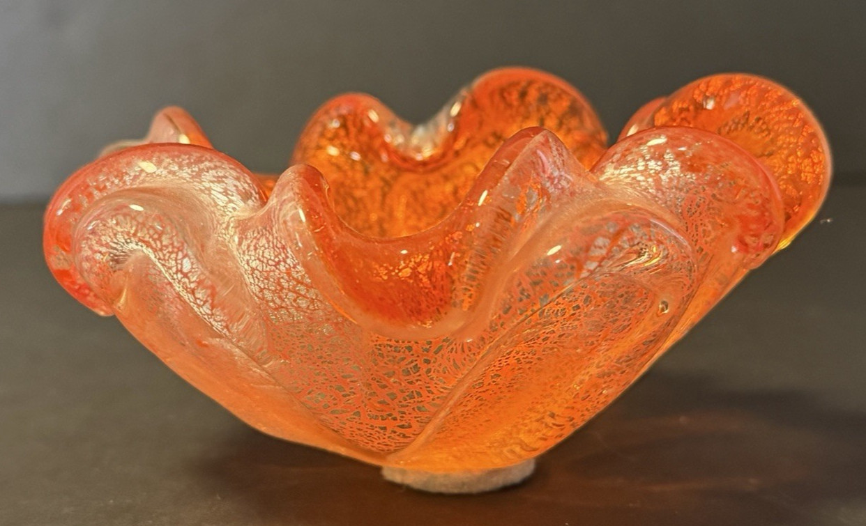Barovier & Toso Murano Art Glass Ashtray Dish Bowl Flower Orange Silver Foil Vtg