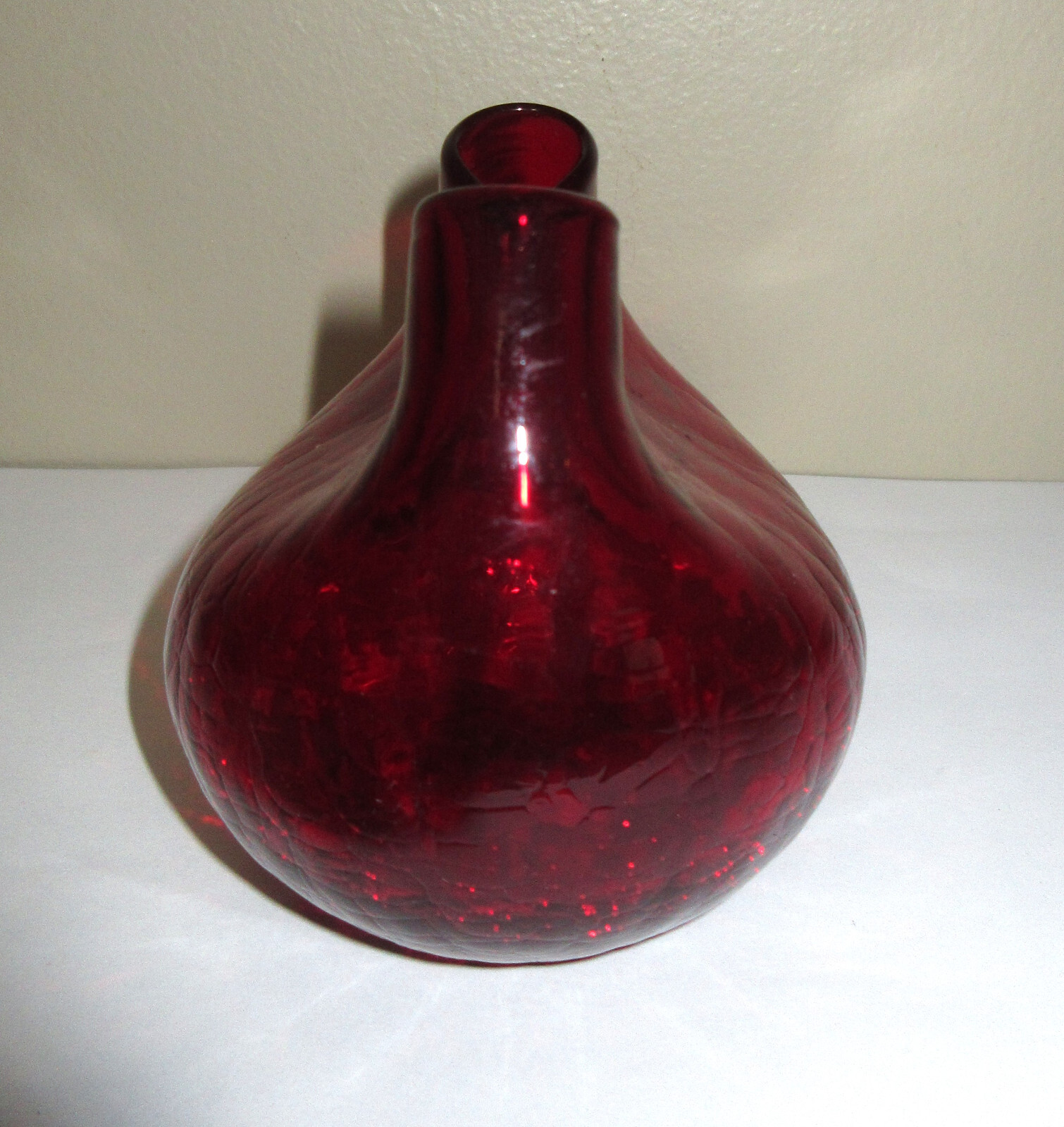 MCM Crackle Glass Vase Pinched Pinch Ruby Red Two Holes 4″ Tall Hand Blown Vtg