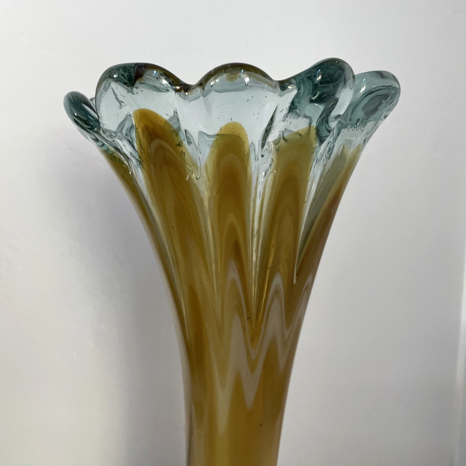 Murano Style Blown Art Glass Vase Venetian Collection Amber Scalloped Top 17″