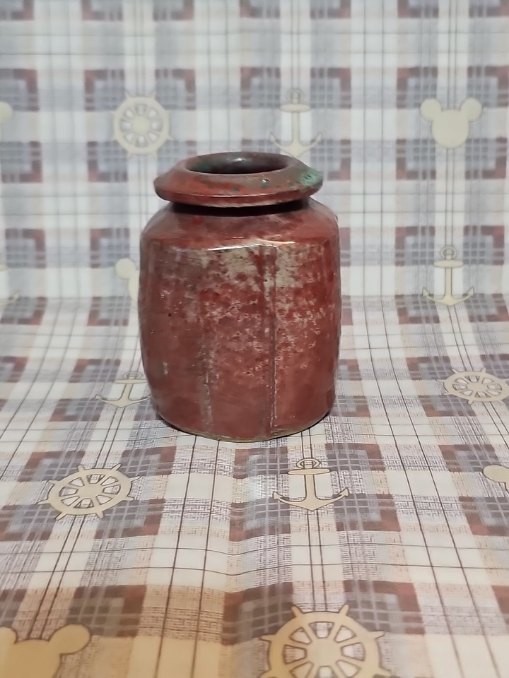 Vintage Clay Jug Vase Signed Studio Pottery Rust Brown Teal 4x3in