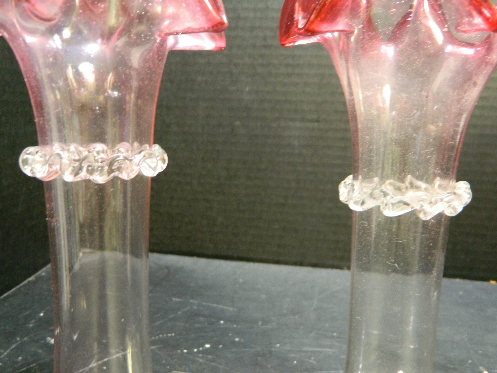 Vintage (2) Hand Blown Scalloped Cranberry Crown Art Glass Vases w/ Applied Ring