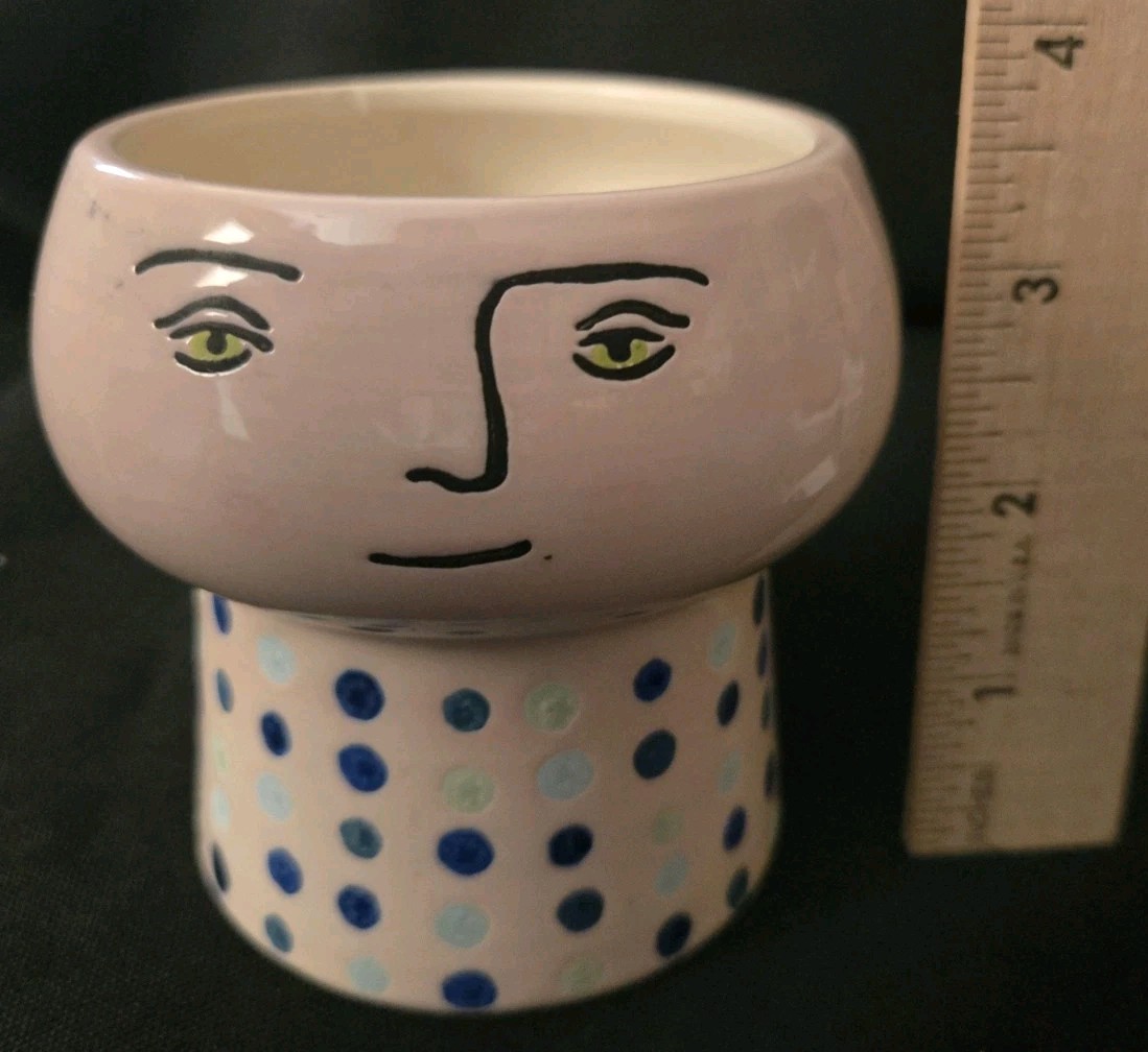 Planter Human Head Blue Polka Dots Opal House Green Eyes Pottery 3.5″ Tall