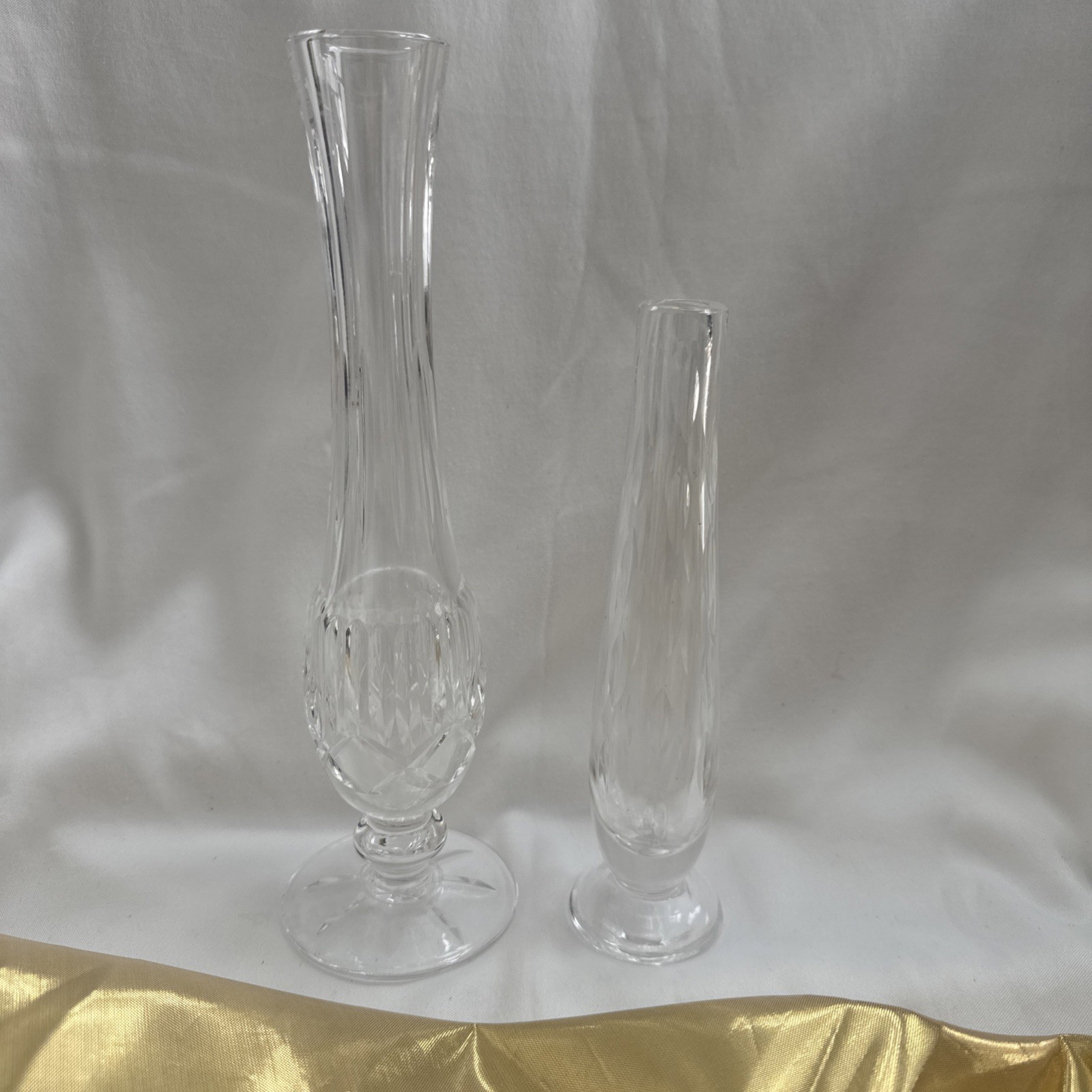 Waterford Crystal Bud Vases LOT 2 ENIS & TRAMORE Patterns 7” 9.25” Signed