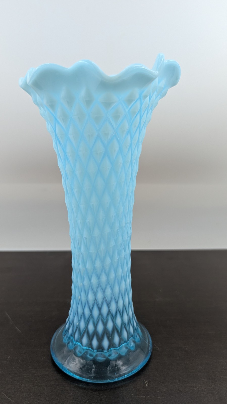Antique Northwood Diamond Point Aqua Blue Opalescent Swung Stretch Vase Marked N
