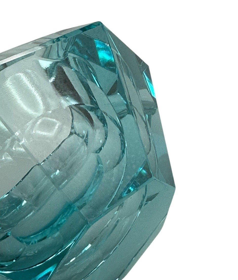 Moser Style Gem Ashtray Glows AS IS Blue Turquoise Glass Geometric Multifaceted