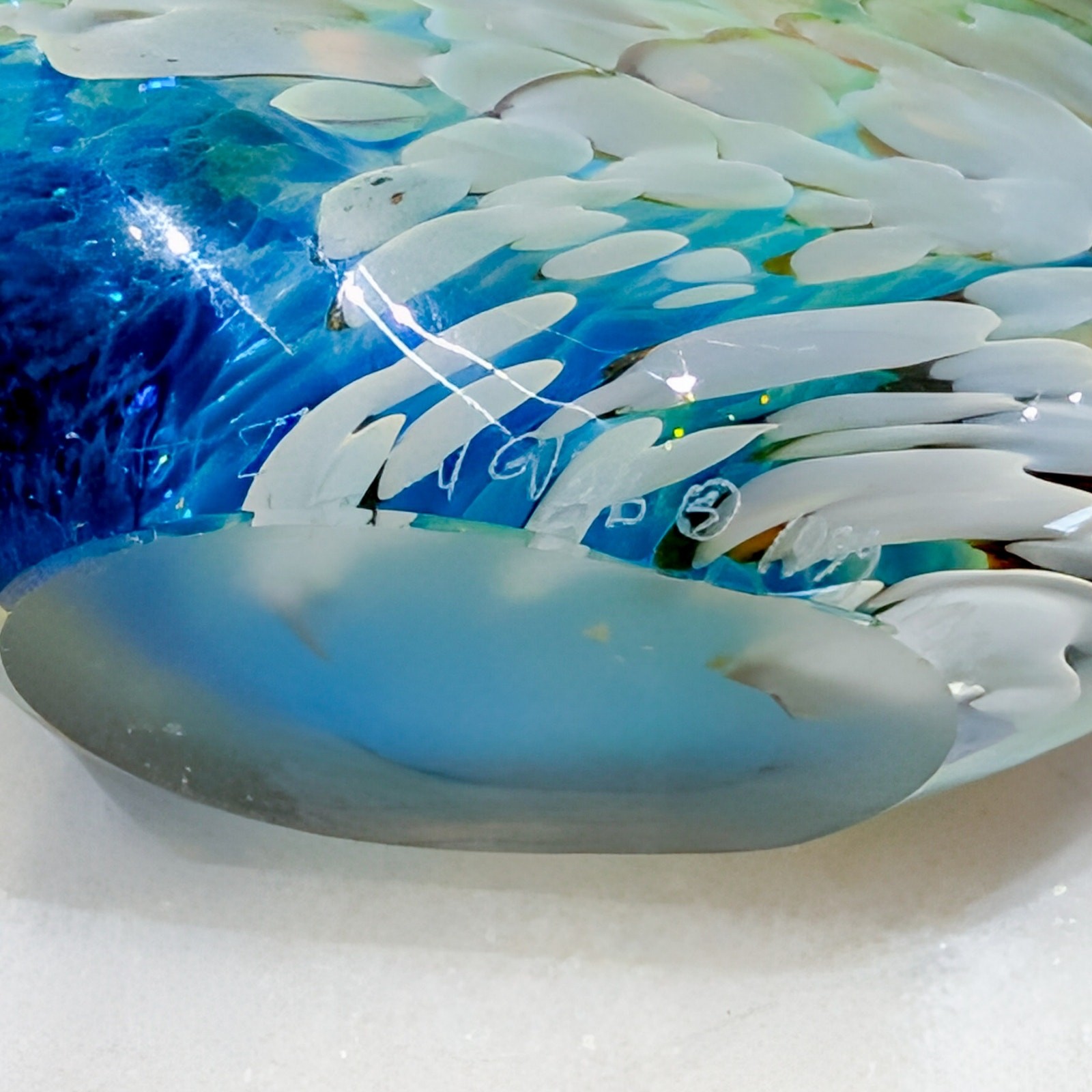 Hot Island Glass fish paperweight sculpture 1999 blue red green yellow