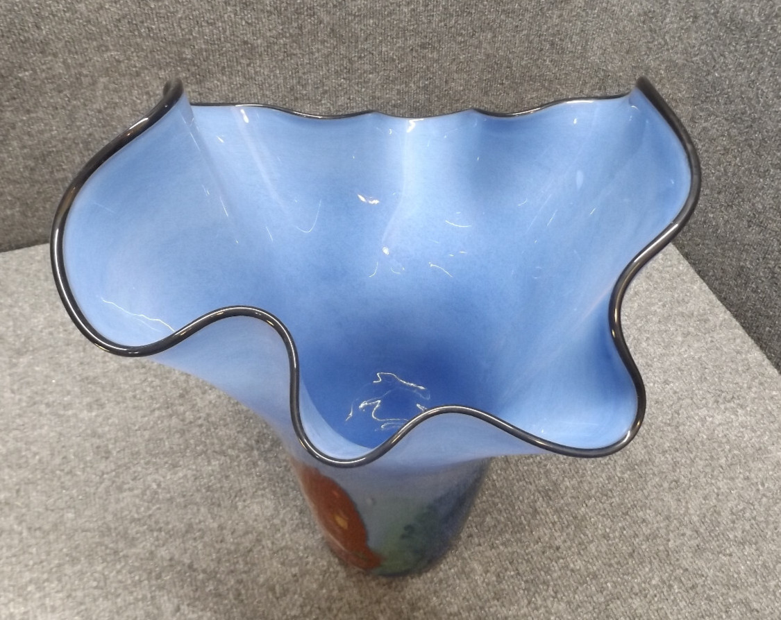 Hand Blown Glass Handkerchief Vase Blue Art Studio Large Signed Moriu Antou 17″