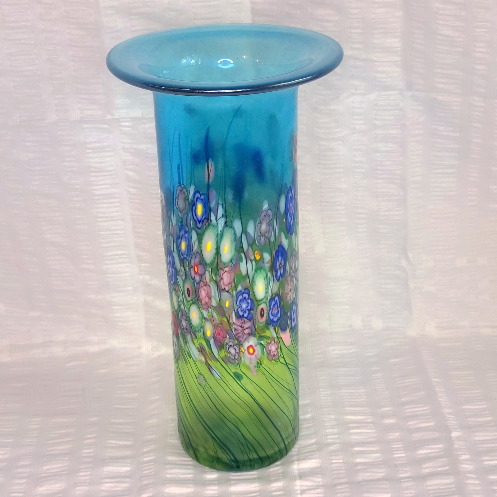 Robert Held Floral Murrine Blue Green Art Glass Vase Signed 11”H FREE SHIPPING