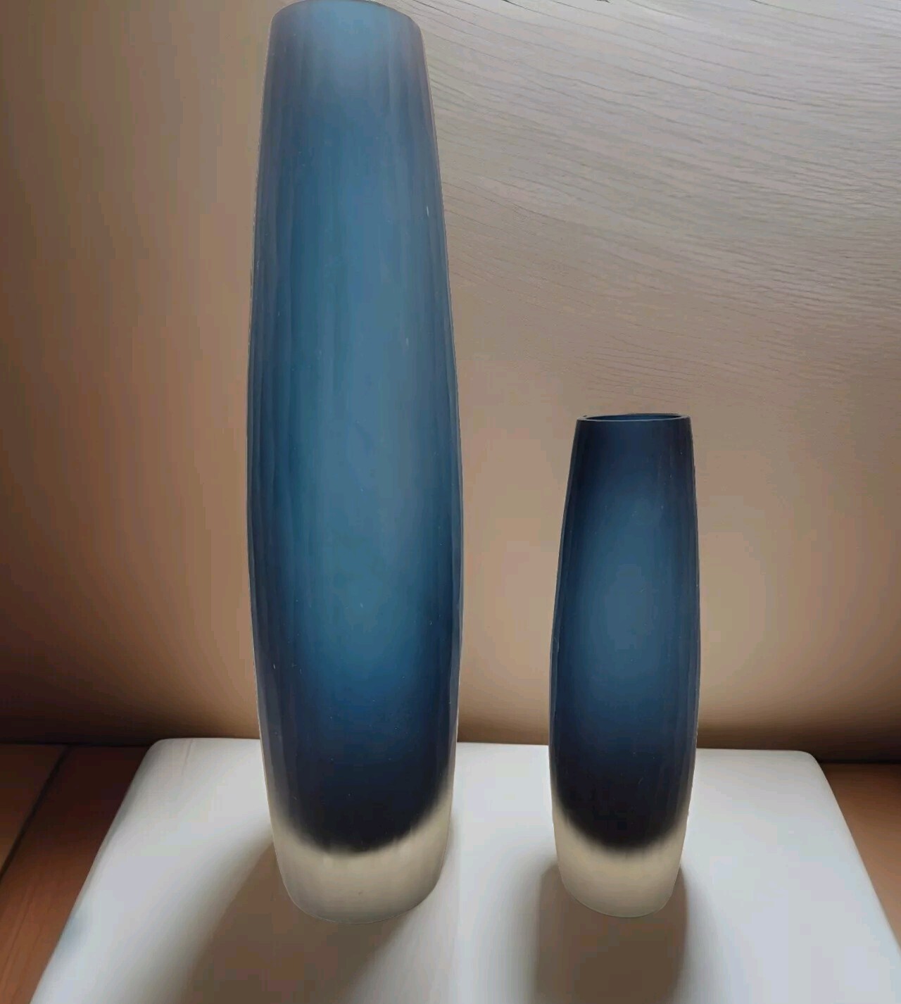 2 Satin Optic Wood Textured Art Glass BLUE VASE HAND BLOWN MORETTI STYLE