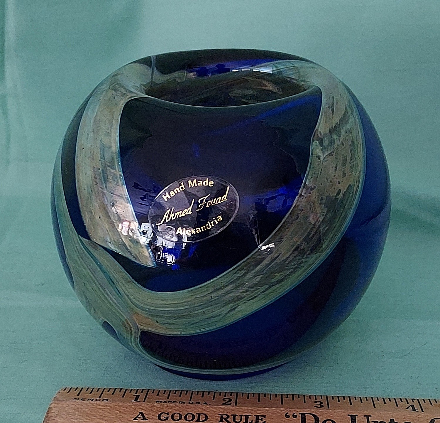 Ahmed Fouad Cobalt Blue/Gold Blown Glass Candleholder/Vase Egypt EUC