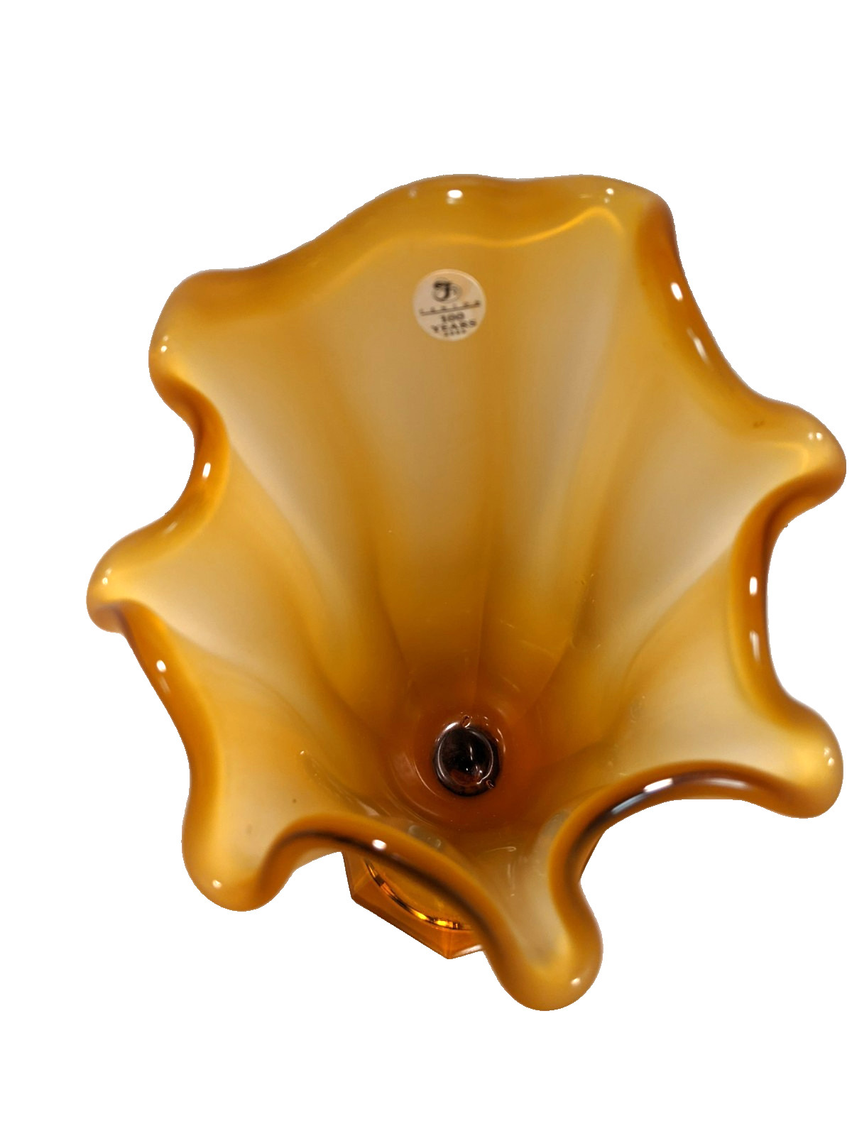 Vintage Fenton Satin Amber Gold Ruffled Swung Glass Vase 12” w/ Box RARE 4353