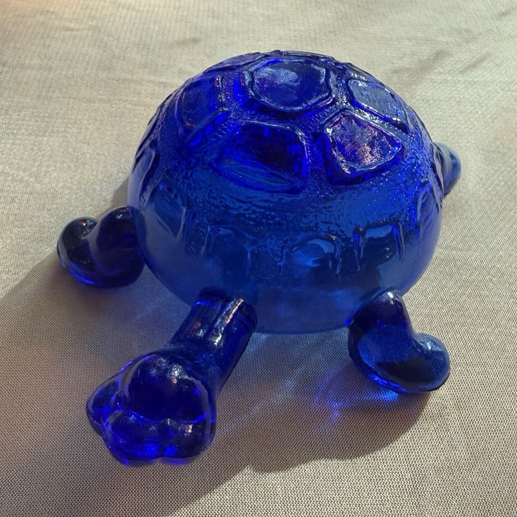 Vintage Cobalt Blue Glass Turtle Figurine Molded Shell w/ Backstamp MCM