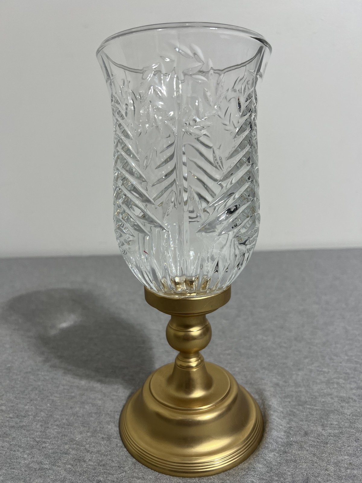 Cut Crystal Hurricane Candle Holder Gold Brass Base Etched Glass Votive 10 Inch
