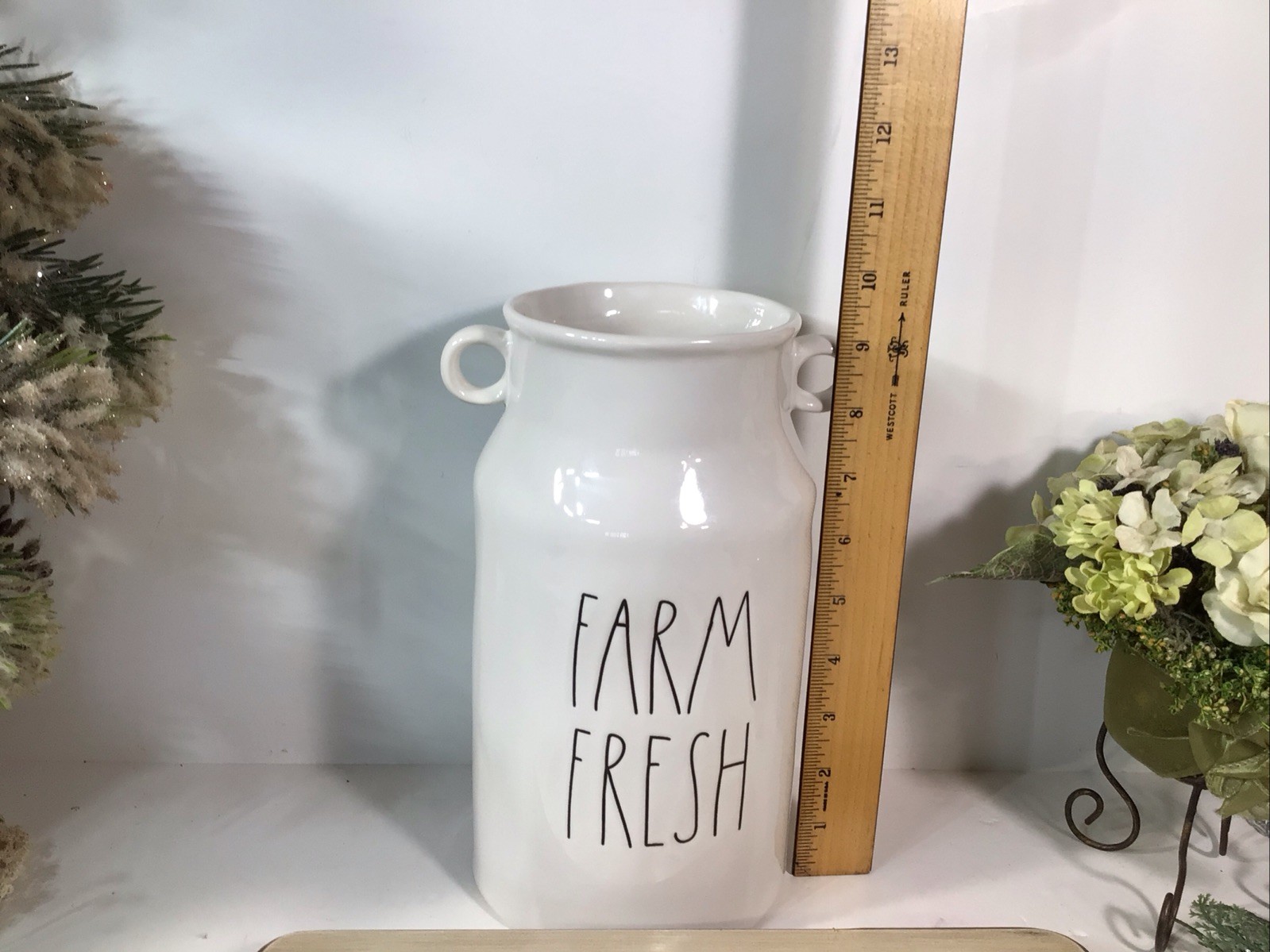 Rae Dunn “FARM FRESH” White Milk Jug / Vase With Handles ~Farmhouse ~ 9.5”