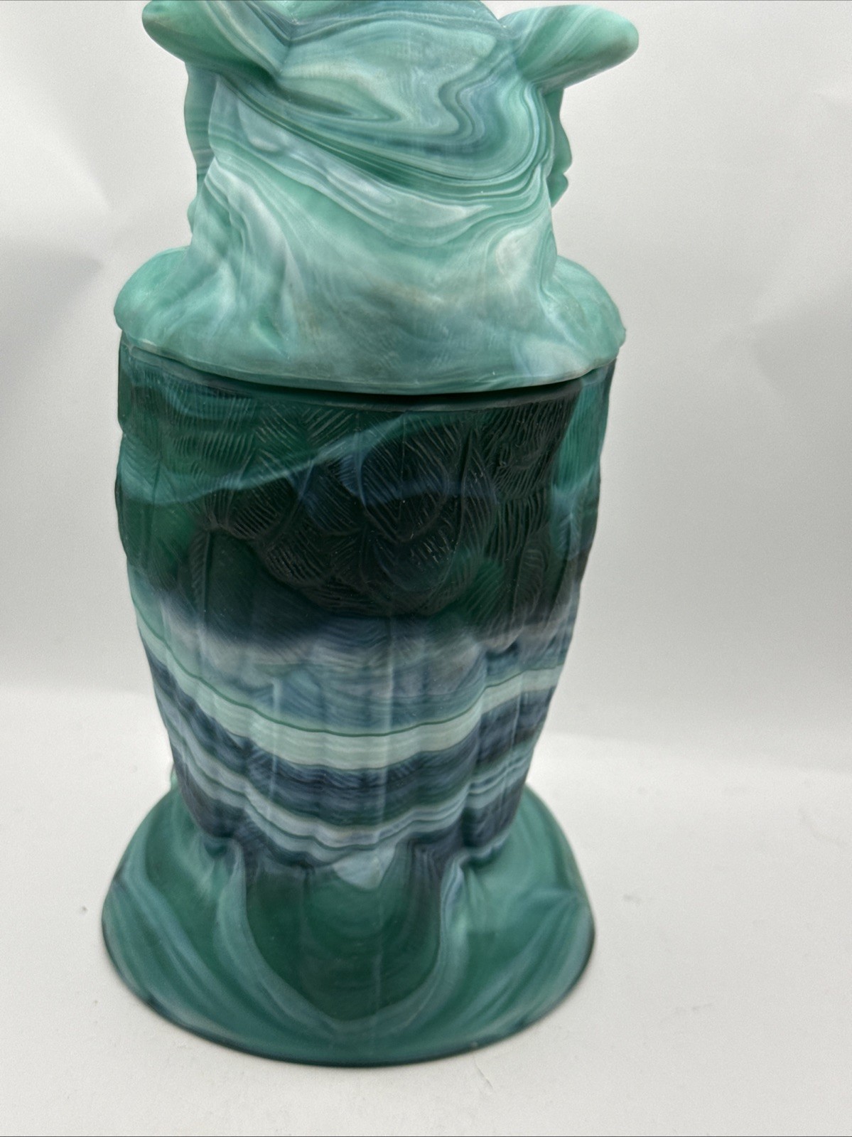 Vintage IMPERIAL SLAG GLASS OWL GREEN JADE SATIN COVERED JAR 6 1/2″ Marked IG
