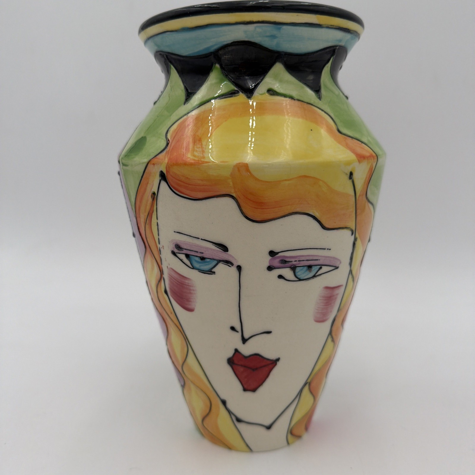 DENISE FORD Original 2003 Signed Post Modern Pop Art CERAMIC VASE 3 Faces 9”