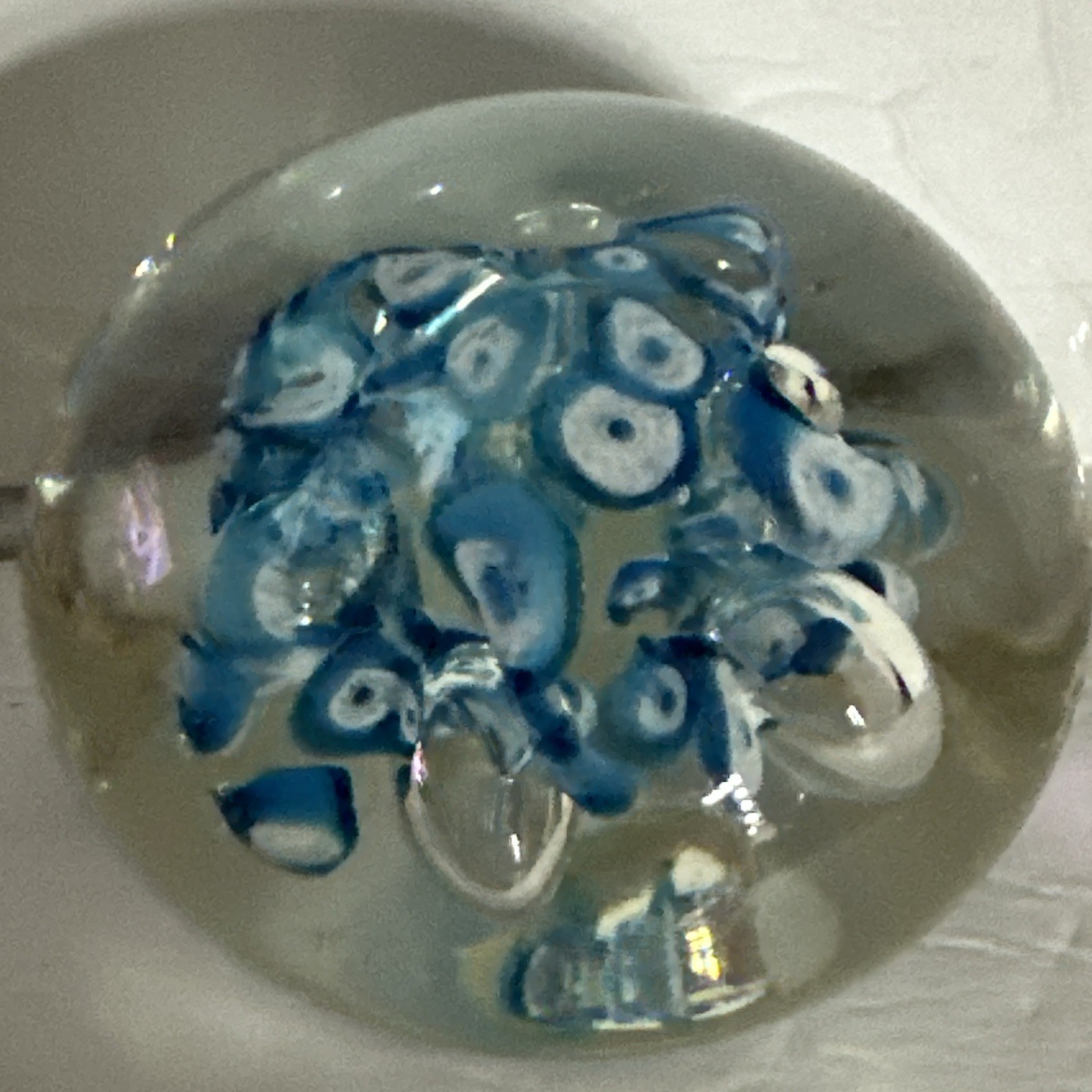 Vintage Art Glass Paperweight Round Blue & White With Controlled Bubbles Ribbon
