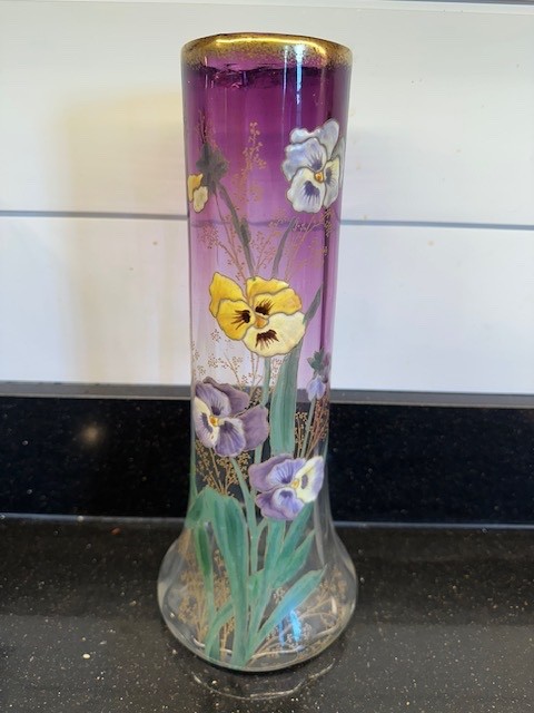 ANTIQUE GORGEOUS MONT JOYE LEGRAS FRENCH ART GLASS VASE WITH ENAMELED PANSIES