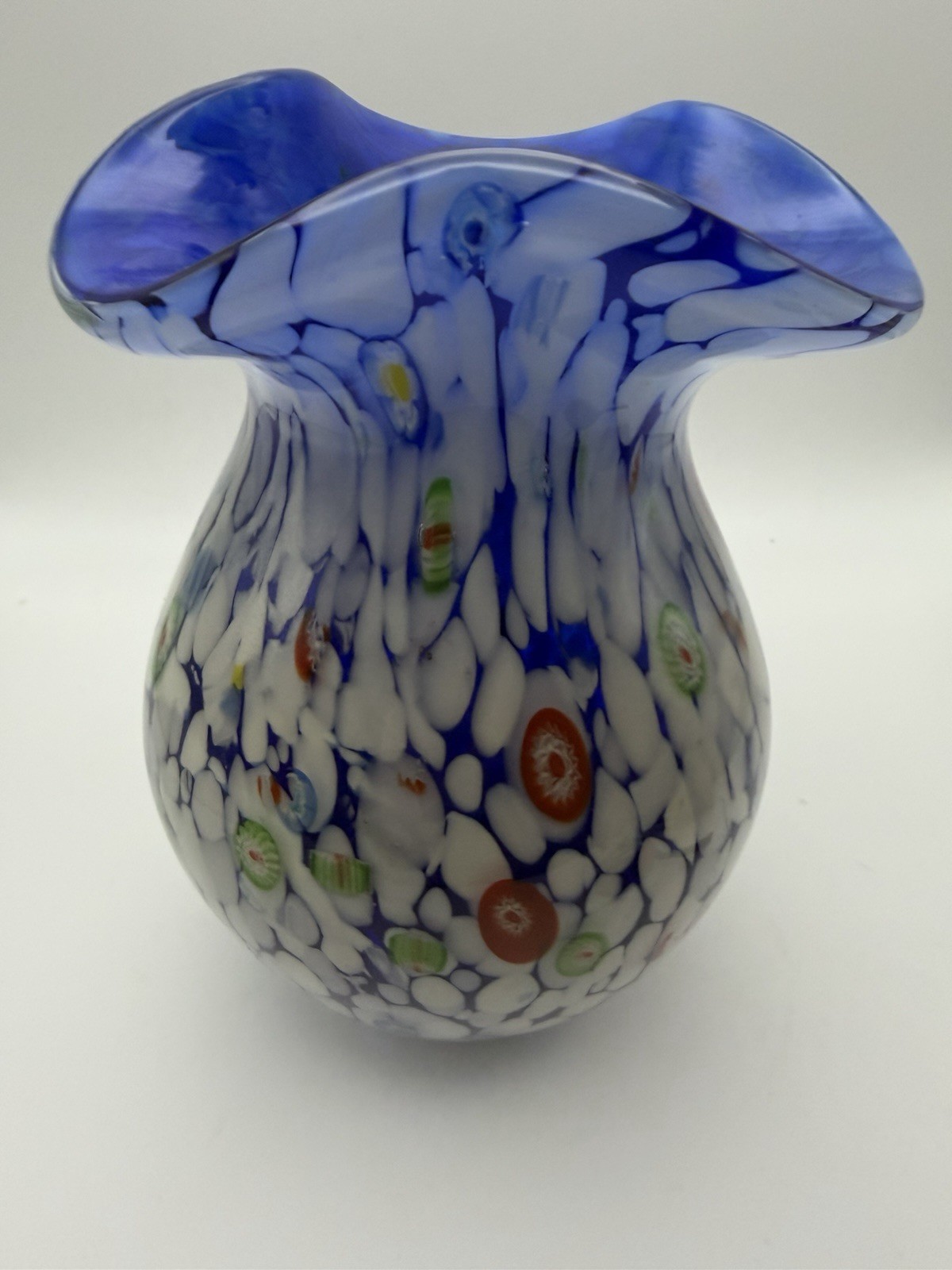 Hand Blown Art Glass Vase Blue & White Millefiori Confetti Vase 8”