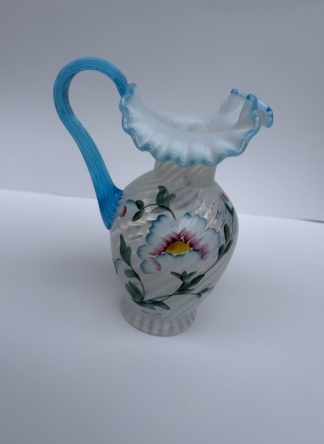 Fenton 90th Spiral French Opal Blue Handle & Ruffle Rim Poppy Art Glass Pitcher