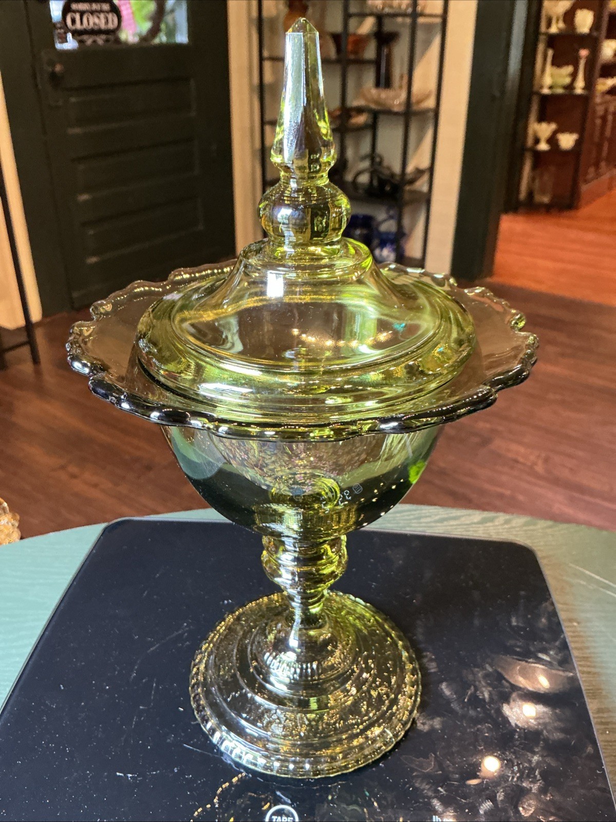 Vintage MCM 11.75” Olive Green Glass Lidded Compote (Empoli?)
