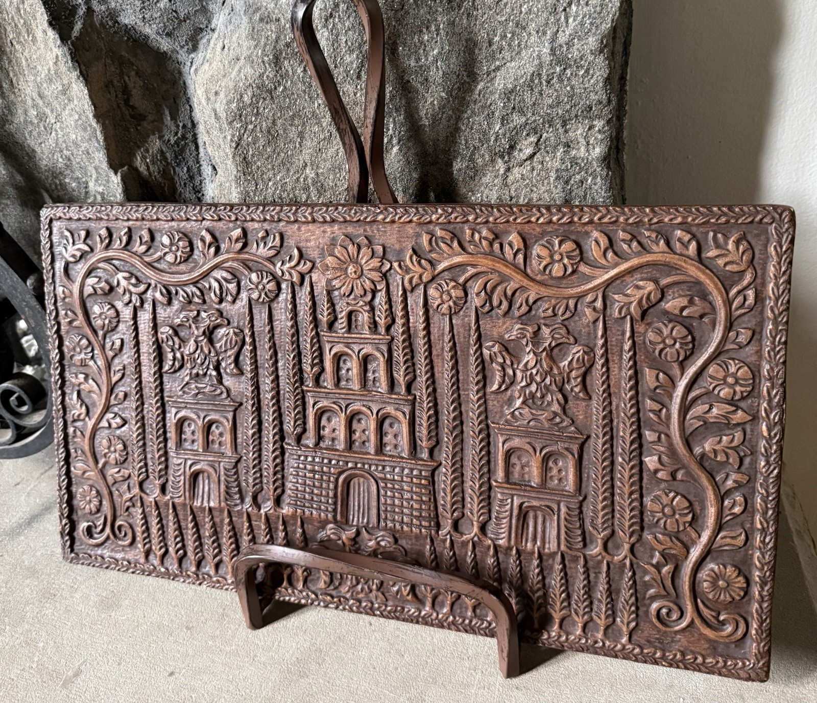 Vintage Rustic European Folk Art Terracotta Clay Pottery Relief Wall Plaque Tile