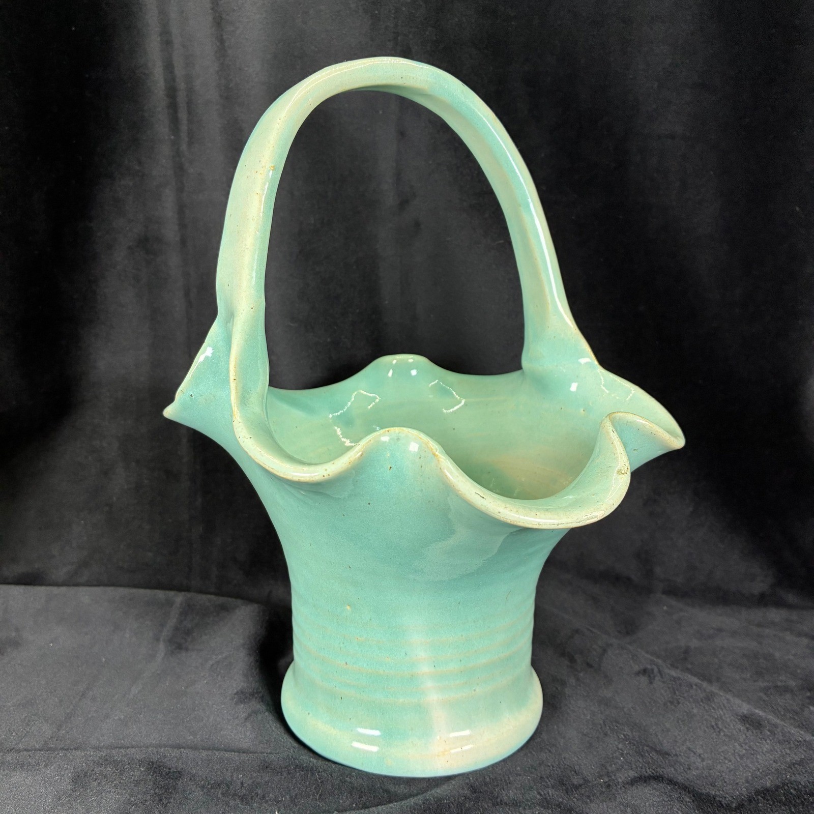 Vintage Turquoise Ceramic Art Pottery Ruffled Basket Handle Seafoam Green Glaze