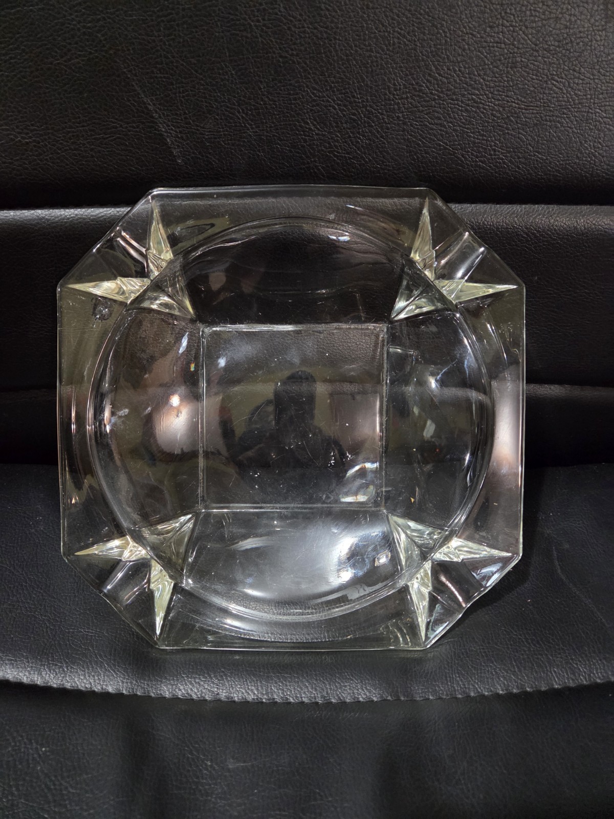 VINTAGE OCTAGONAL CIGARETTE CIGAR GLASS ASHTRAY 8” X 8” HEAVY MASSIVE