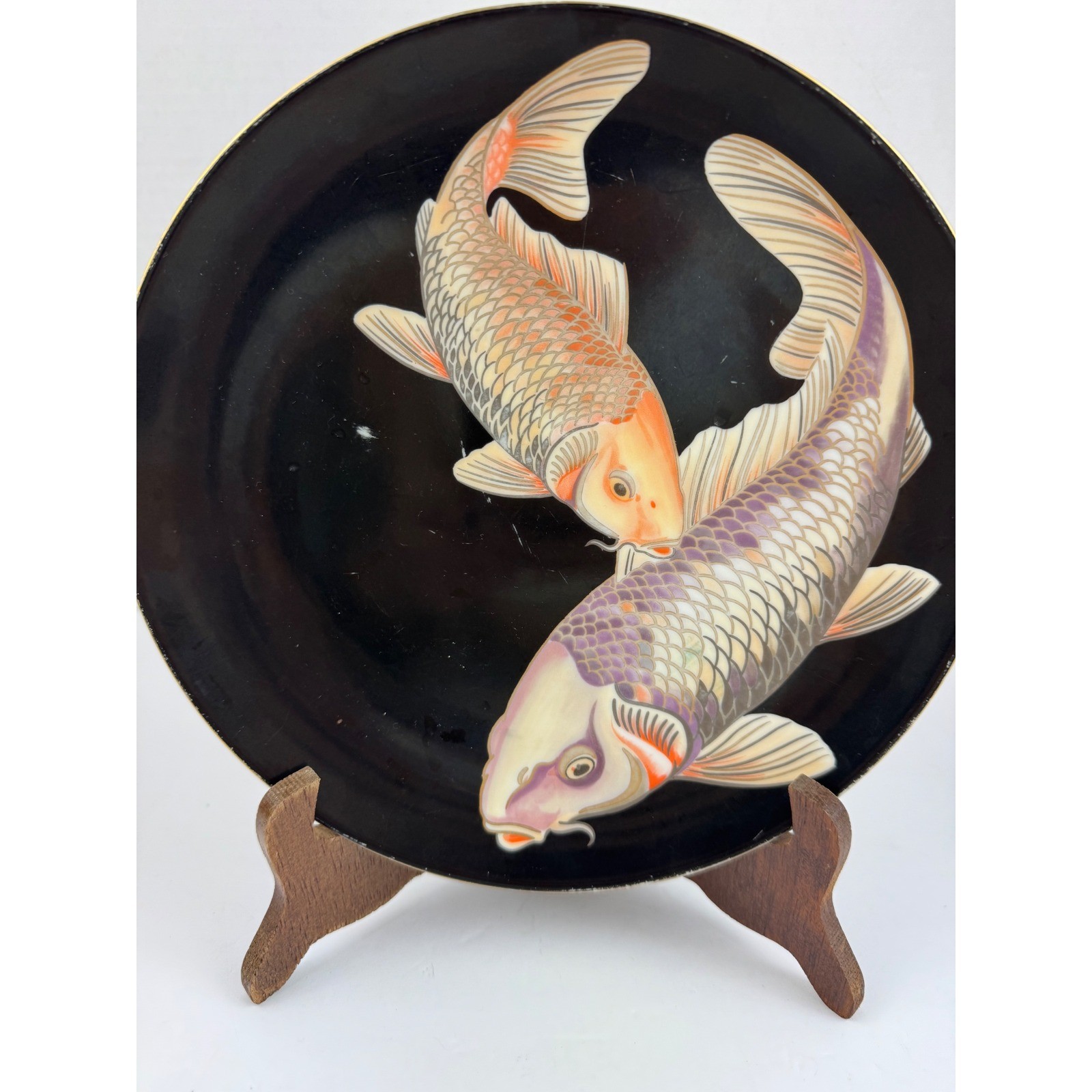 Fitz and Floyd Koi Pond Fine Porcelain Plate Vintage Japan Black Gold 7.5 Inch