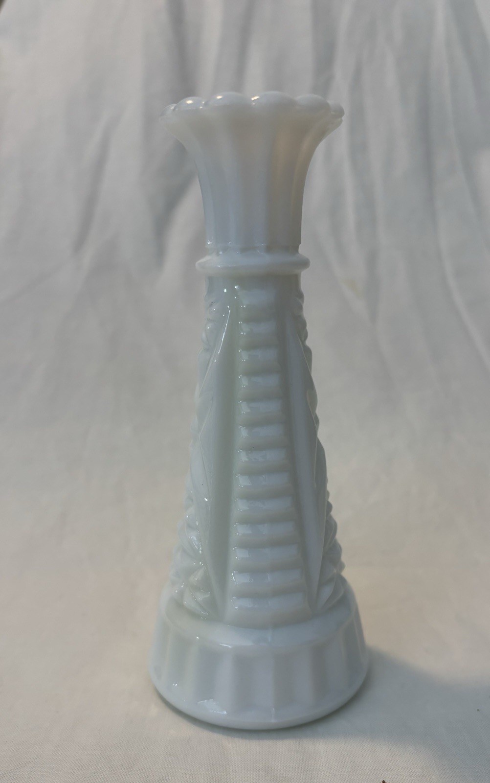 White Milk Glass Geometric Bud Vase 9 in Textured Decorative Glossy Finish