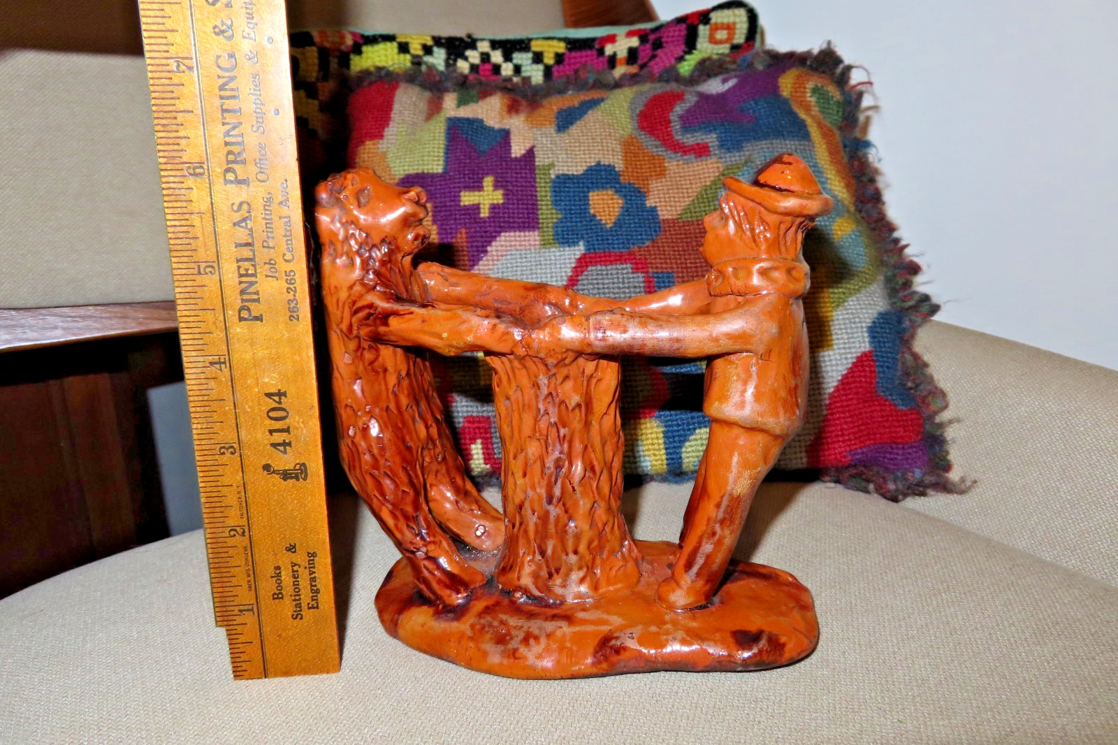 Vintage Turtle Creek Pottery Stoneware signed Cathy Gatch Man & bear tug o war