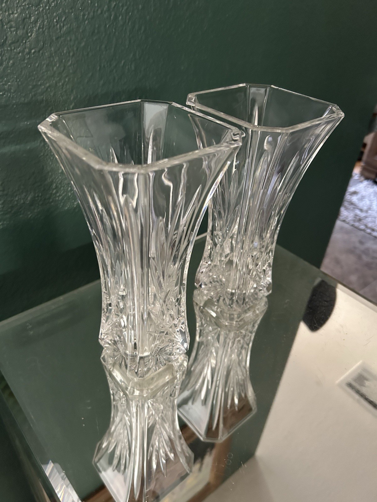 Pair Waterford Florence Court Vintage 8” Crystal Vase Seahorse Mark Vtg Retired
