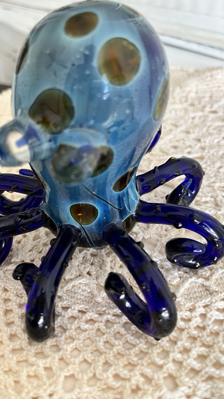 Vintage Hand Blown Octopus Art Glass Pipe Blue Amber Spotted Kraken Nautical 5″
