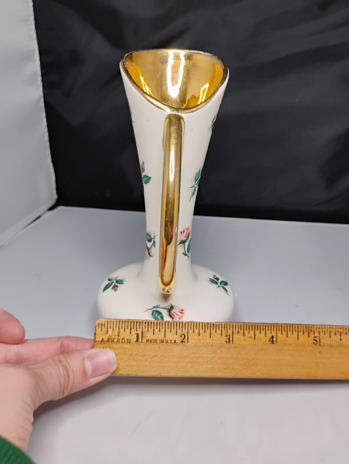 White Pink Floral Ceramic Decorative Vase with Handle Gold Leaf Vintage Decor