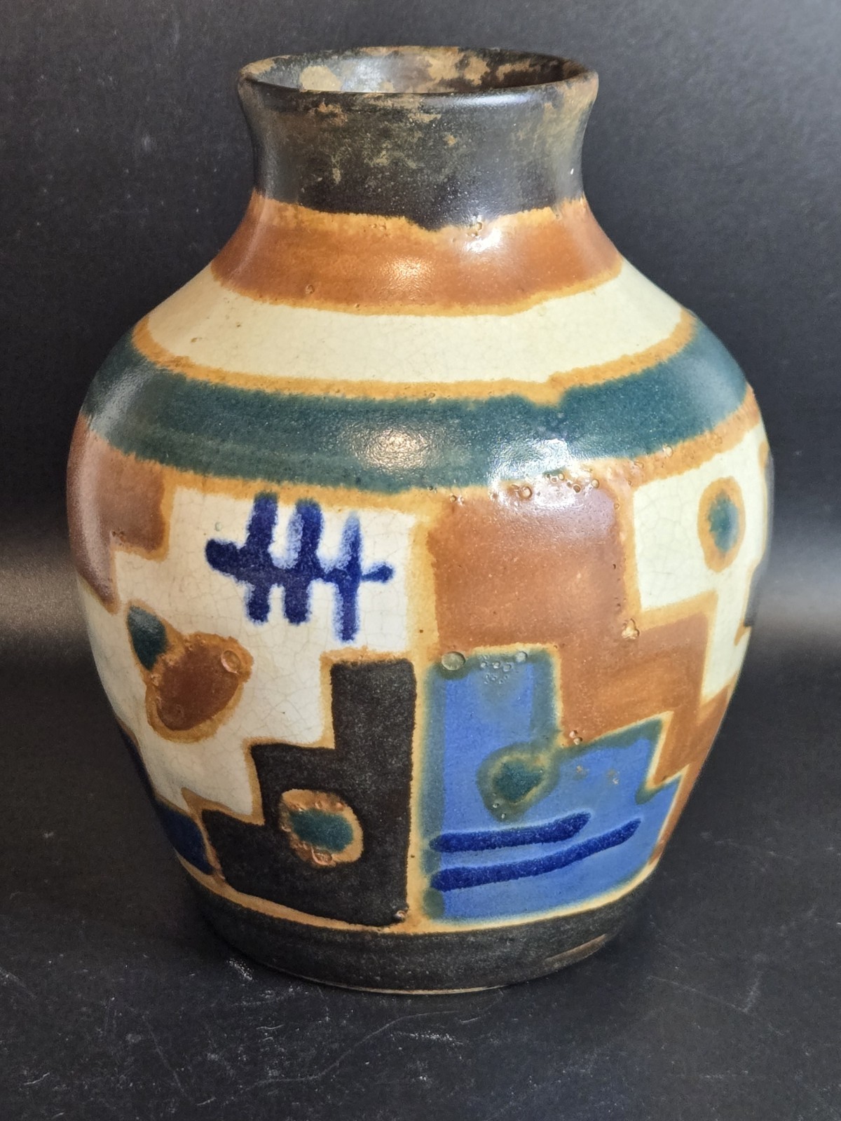 Vintage Gouda Erphila German Cubist Pottery Vase Hand Painted Signed Art Deco