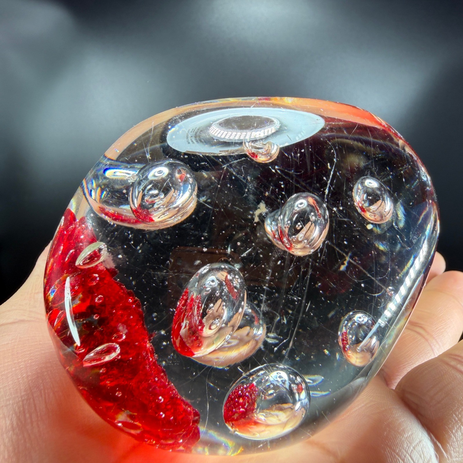 Art Glass Paperweight Egg Controlled Bubble Red Fritted Base 3 Inch Desk Decor