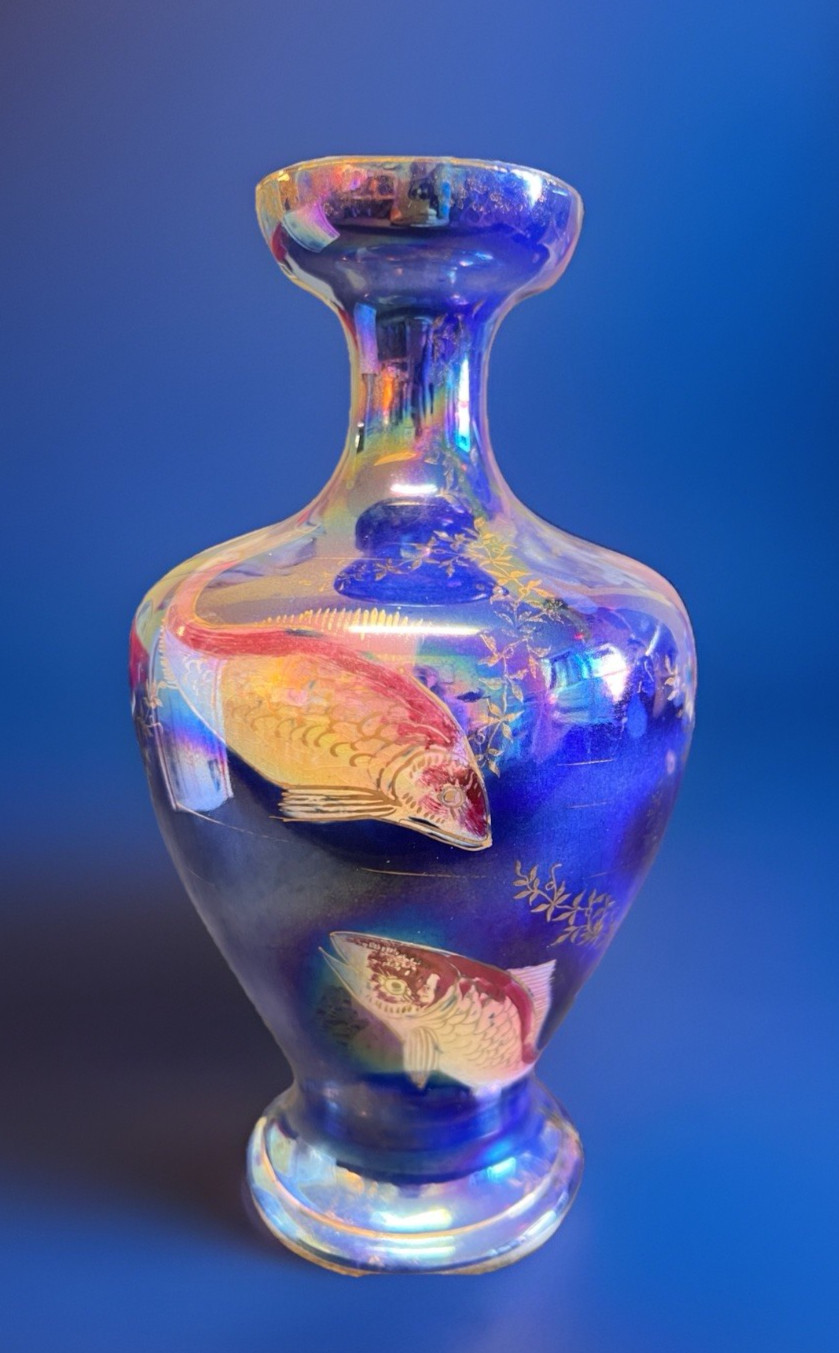 Antique Oriental Blue Iridescent Porcelain Vase 9.25″ Tall Hand Painted Koi Fish
