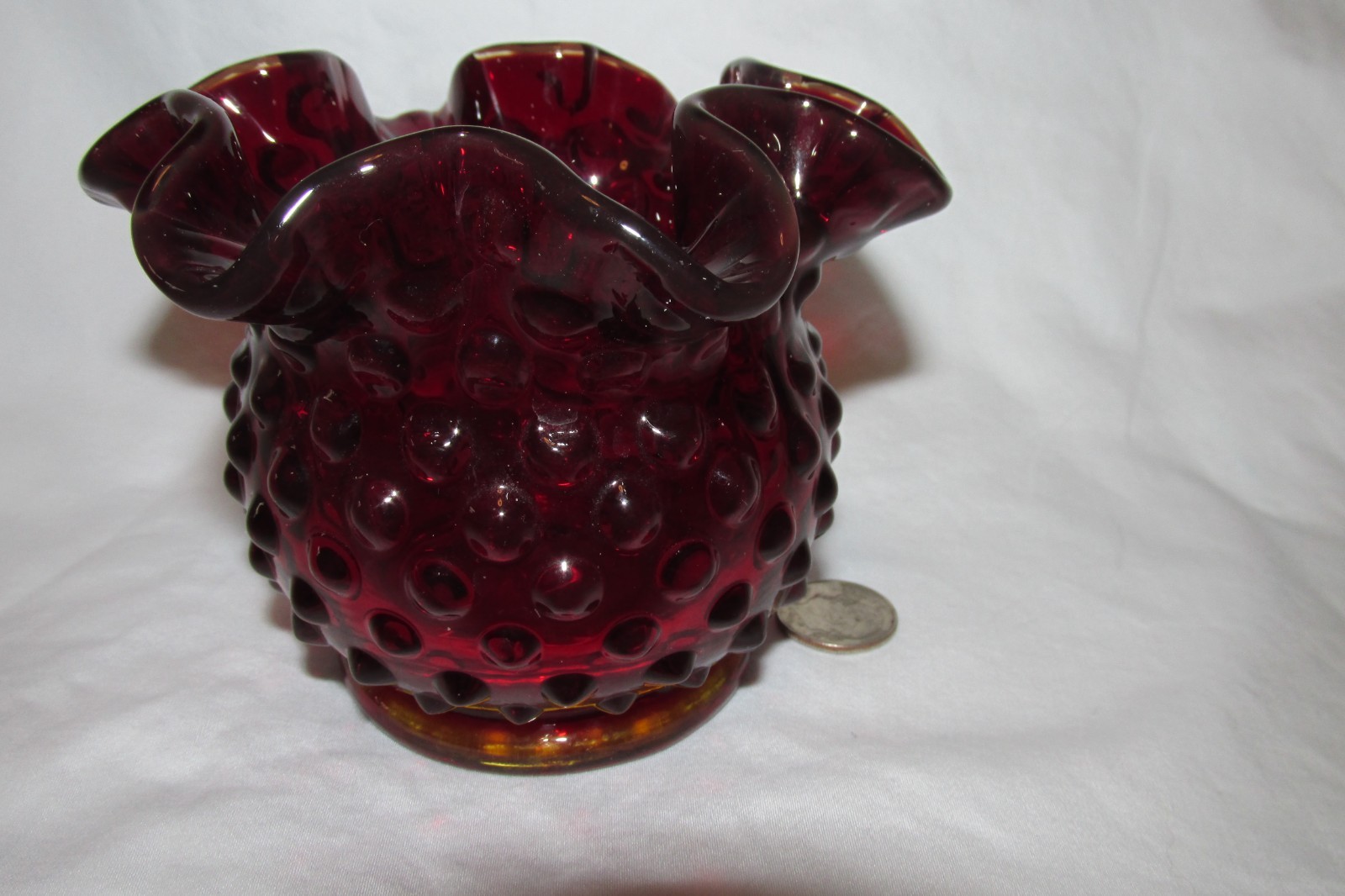 Vintage Fenton Dark Ruby Red Hobnail Ruffled Vase 3 Inch tall, Fenton stamp